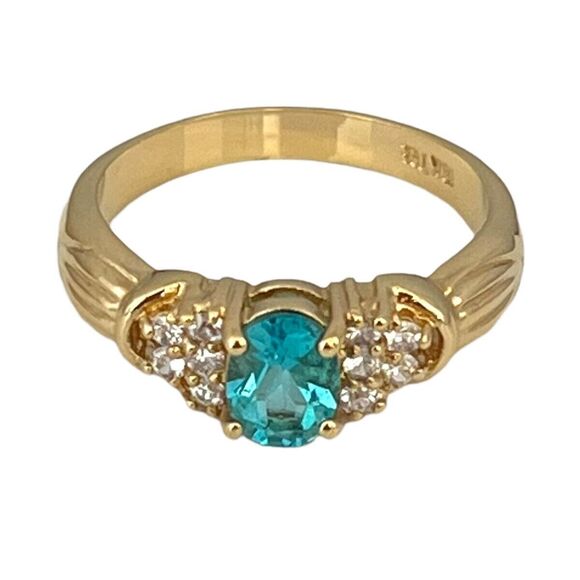Vintage Ring Size 9 Blue Cubic Zirconia Crystal 18K Gold Plate Mid-Century 14E - Picture 9 of 15
